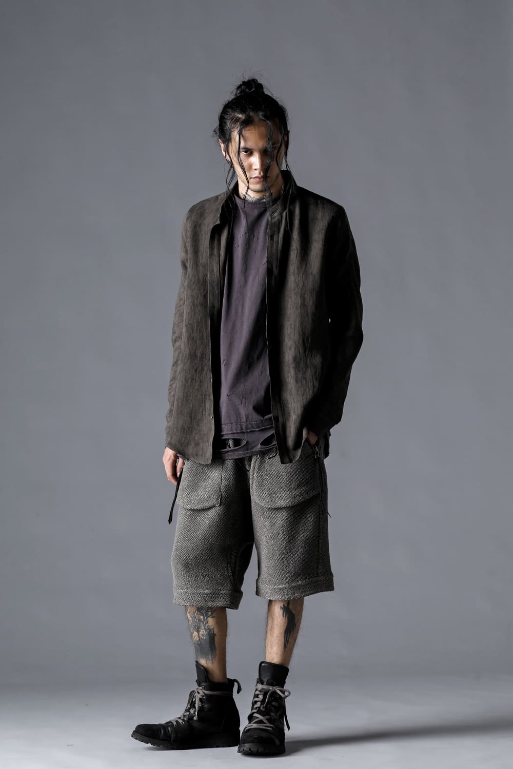 Linen And Rayon Salt Shrink-Dyed Banded Collar Shirt Charcoal