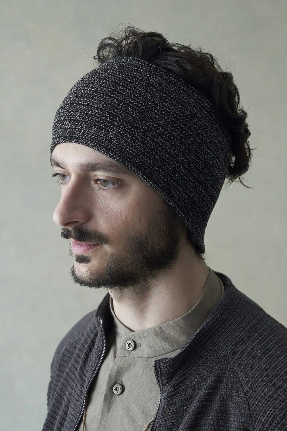 Knit headband high twist cotton stripe Black