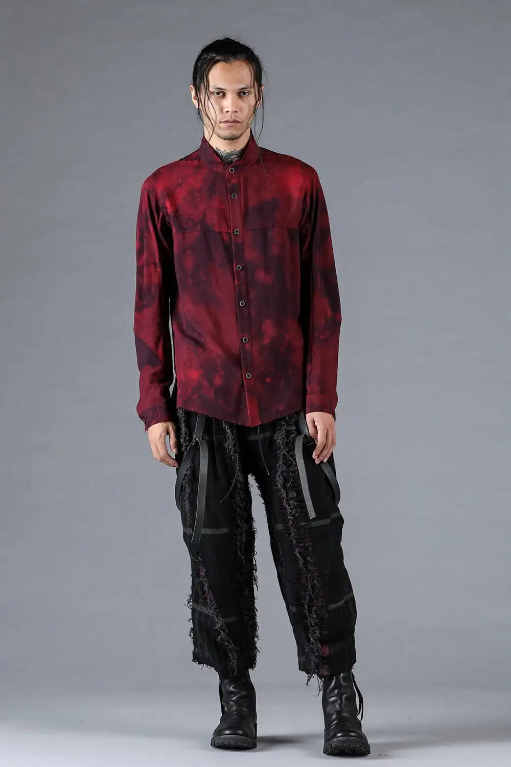 Rayon Twill Cut-Off Band Collar Shirt Red