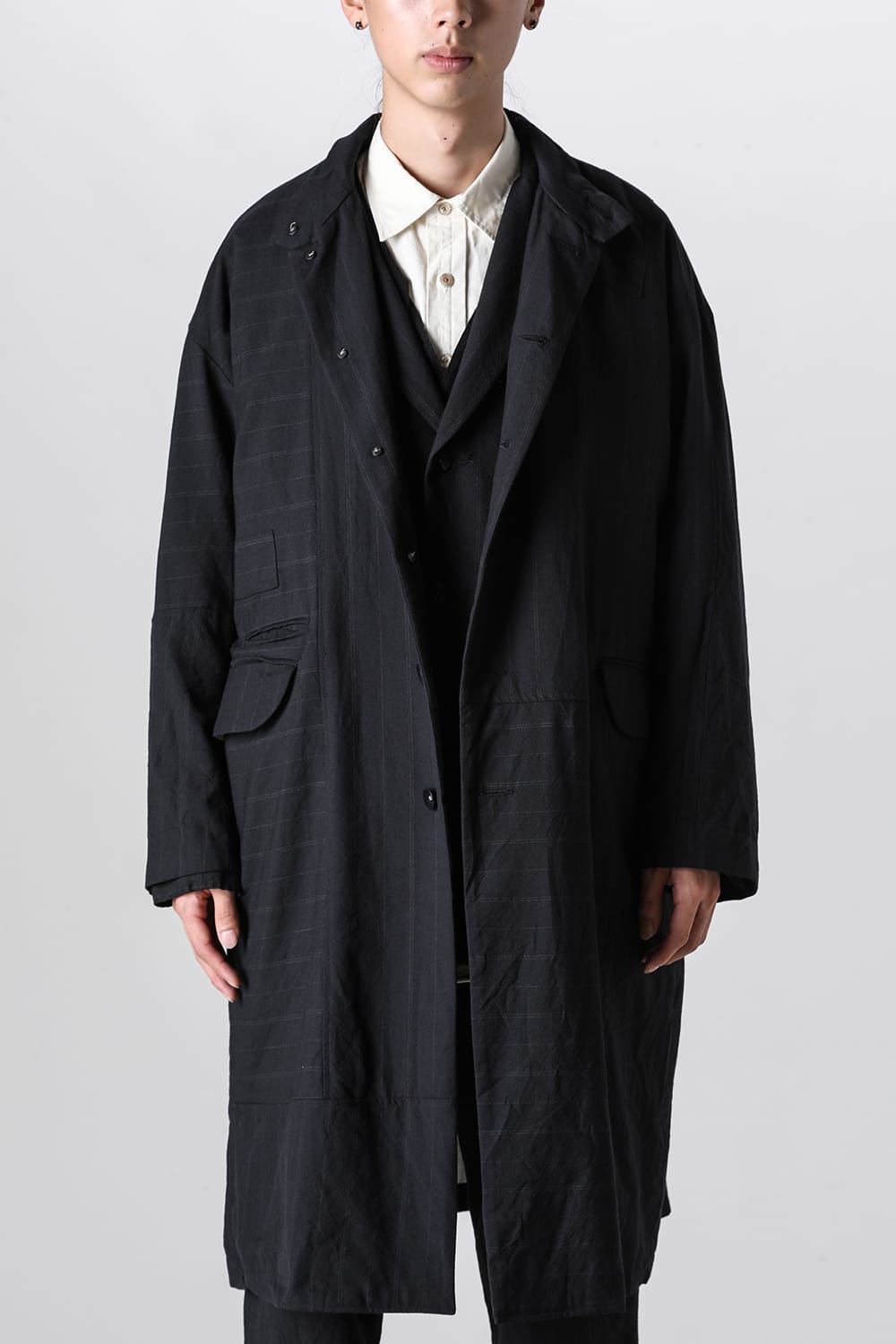 Patch Worked Relax Fit Coat Stripe Serge Wool FIGS