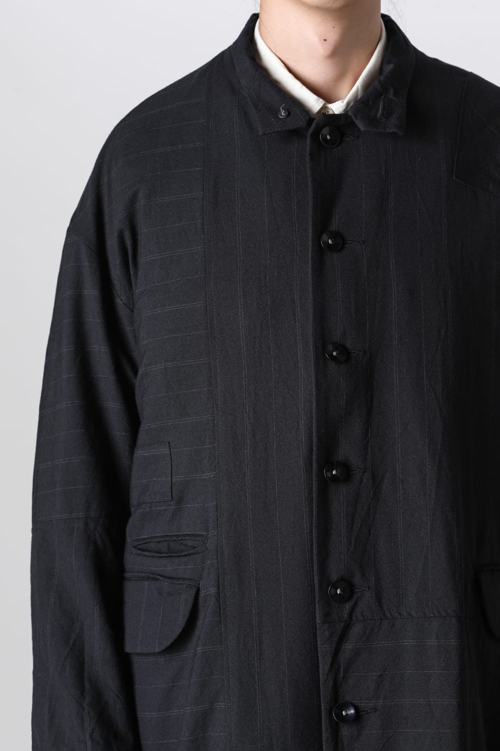 Patch Worked Relax Fit Coat Stripe Serge Wool FIGS