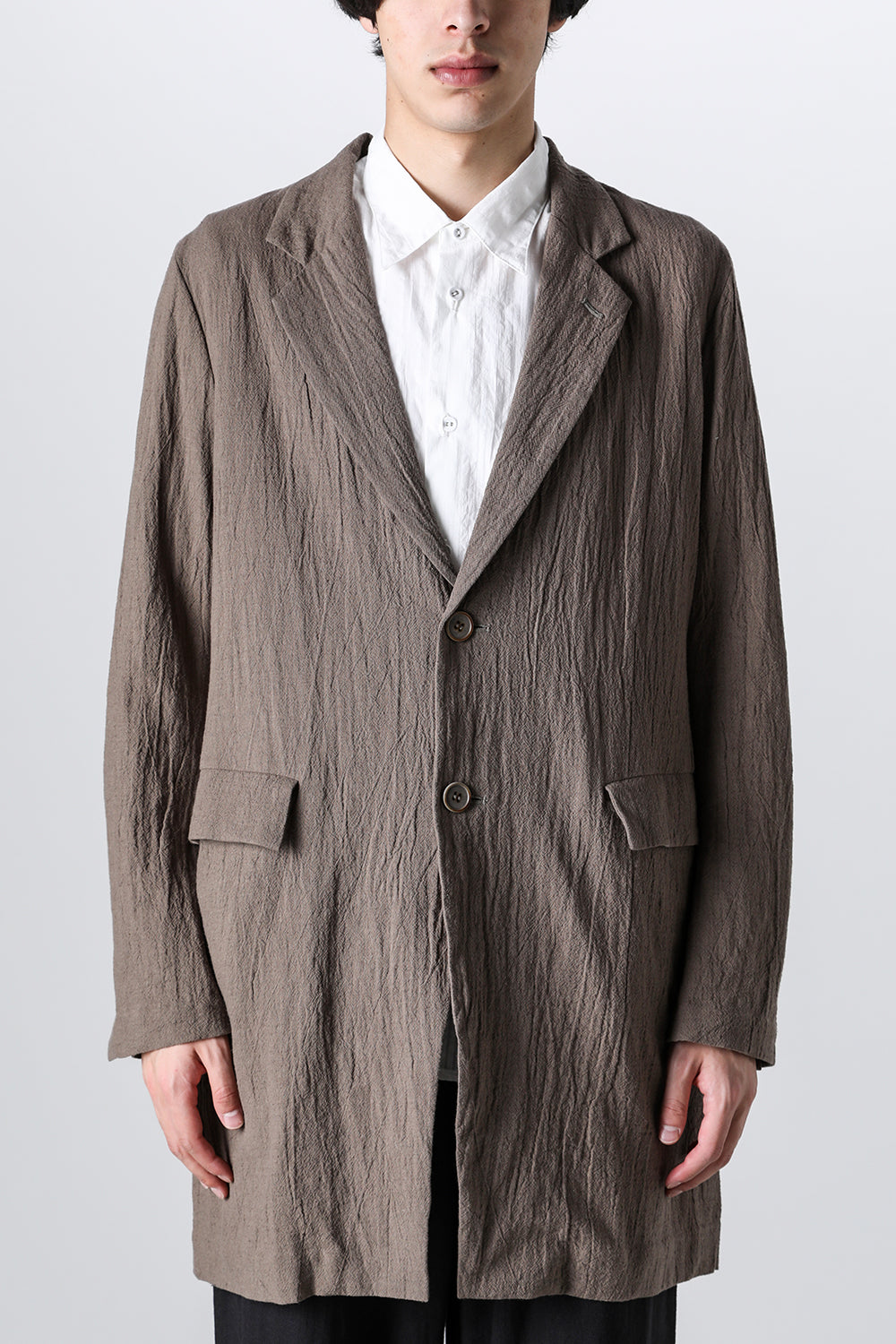 Semi Long Notched Lapel Jacket Shrinked Cotton Linen