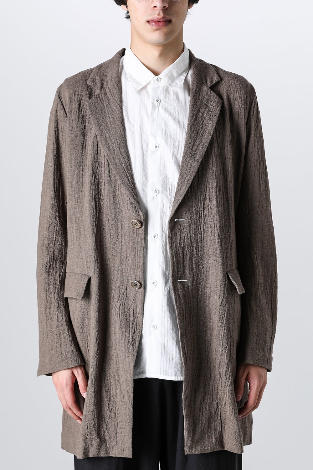 Semi Long Notched Lapel Jacket Shrinked Cotton Linen