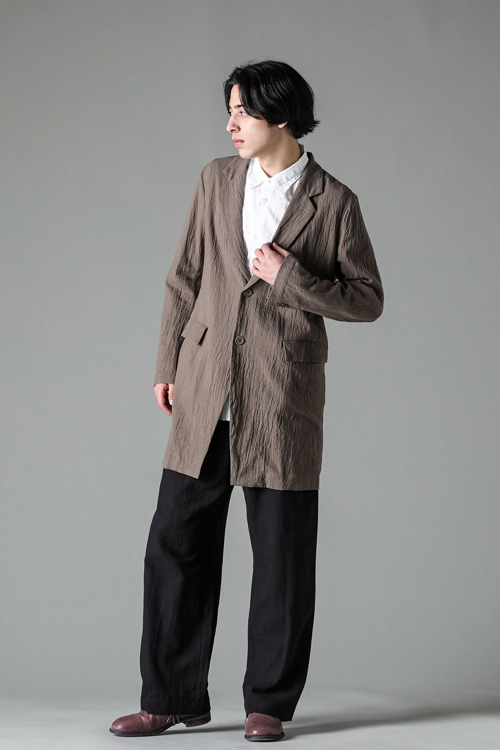 Semi Long Notched Lapel Jacket Shrinked Cotton Linen