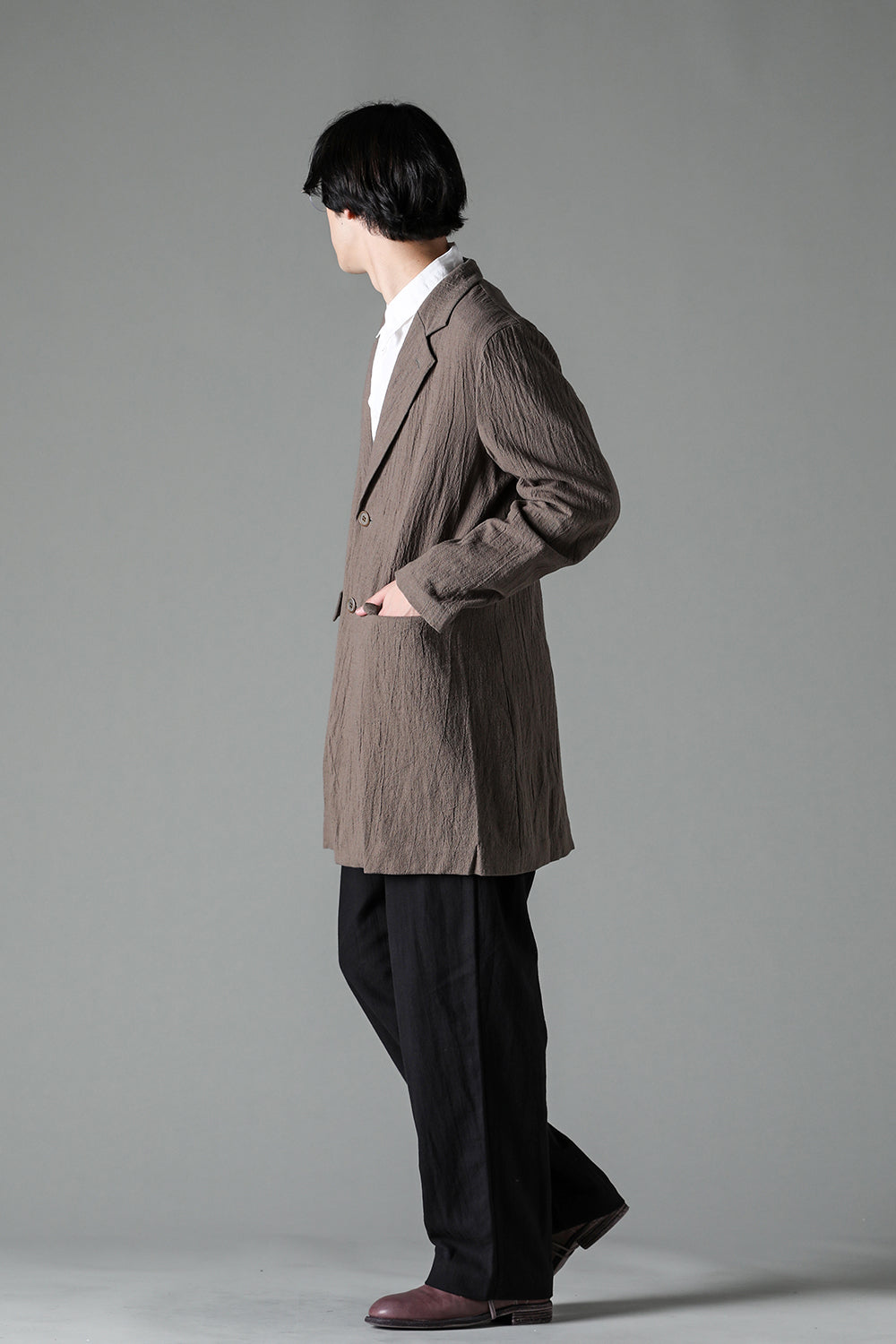 Semi Long Notched Lapel Jacket Shrinked Cotton Linen