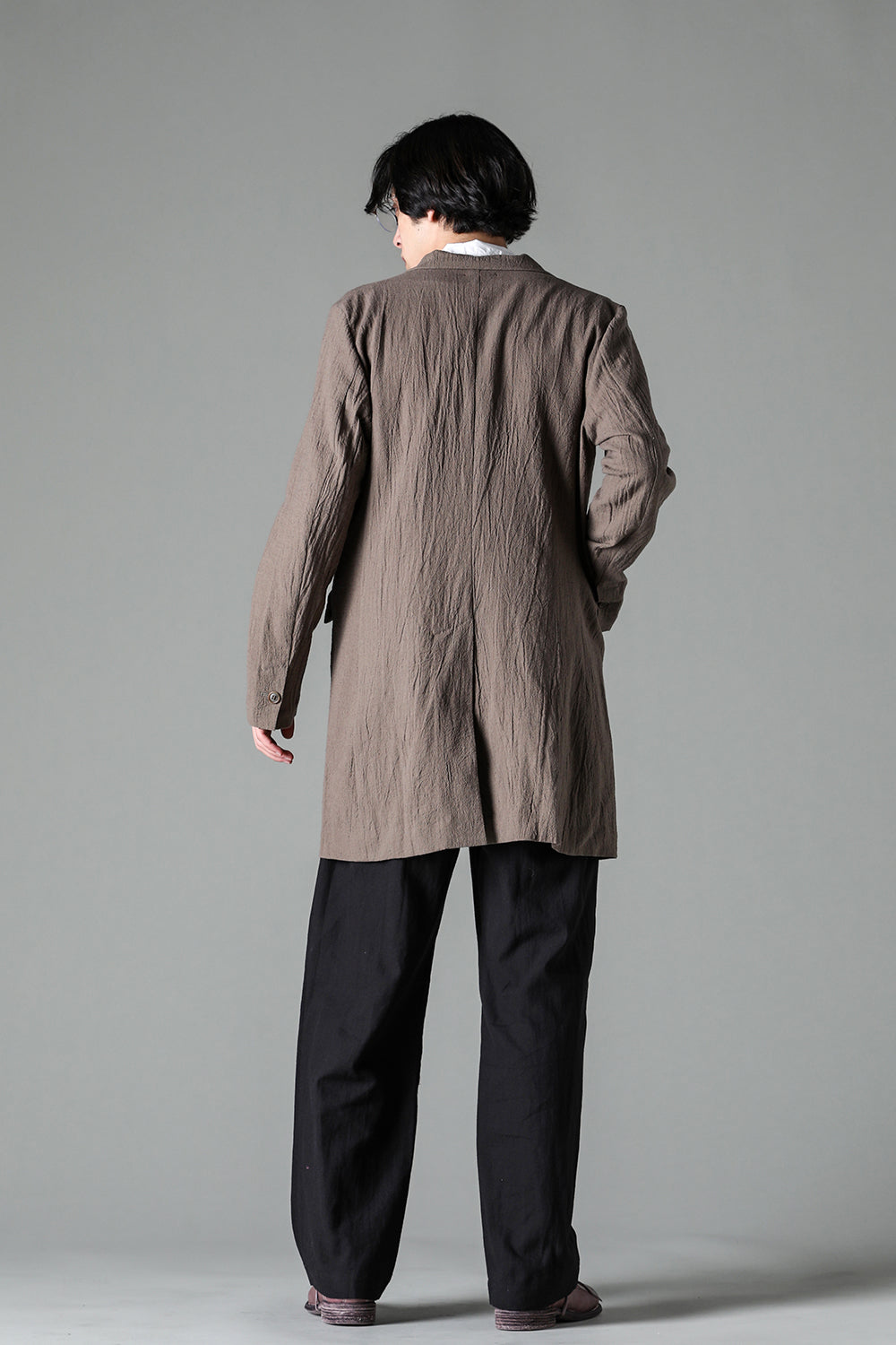 Semi Long Notched Lapel Jacket Shrinked Cotton Linen