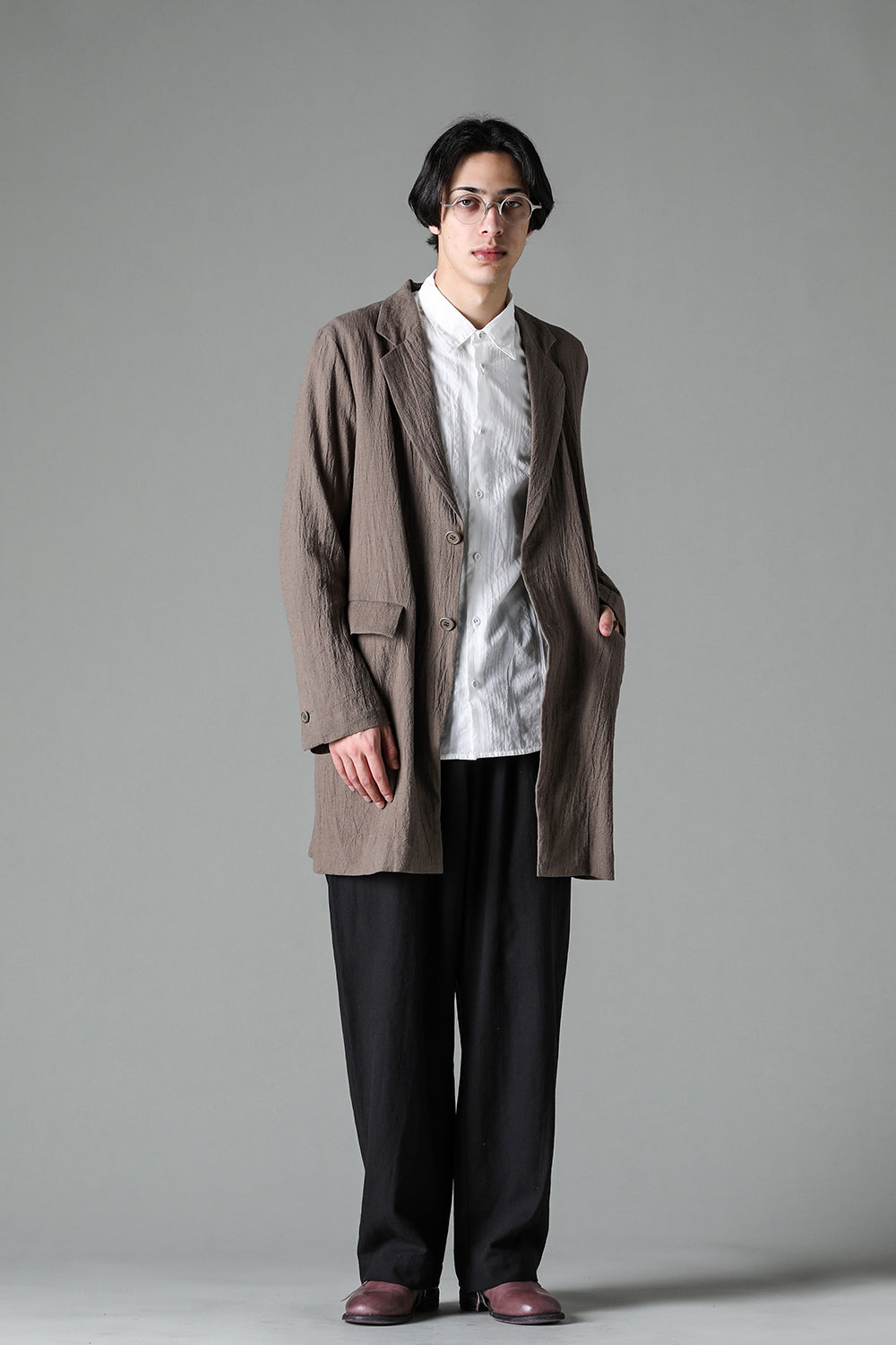 Semi Long Notched Lapel Jacket Shrinked Cotton Linen