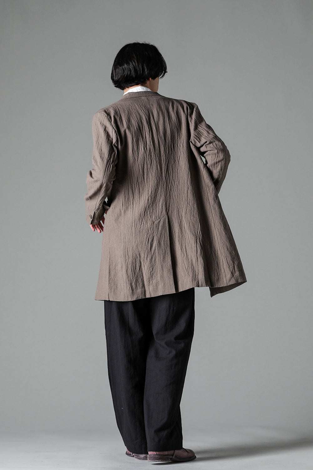 Semi Long Notched Lapel Jacket Shrinked Cotton Linen