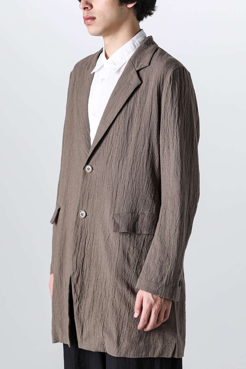 Semi Long Notched Lapel Jacket Shrinked Cotton Linen