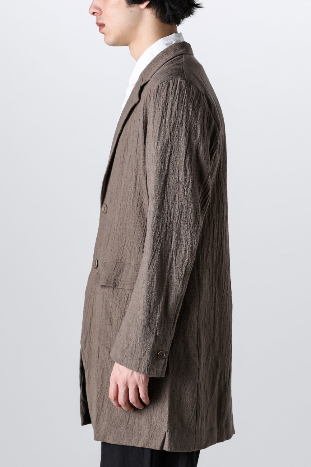 Semi Long Notched Lapel Jacket Shrinked Cotton Linen