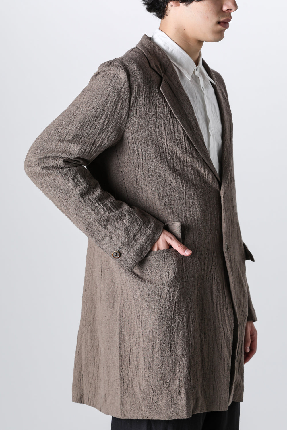 Semi Long Notched Lapel Jacket Shrinked Cotton Linen