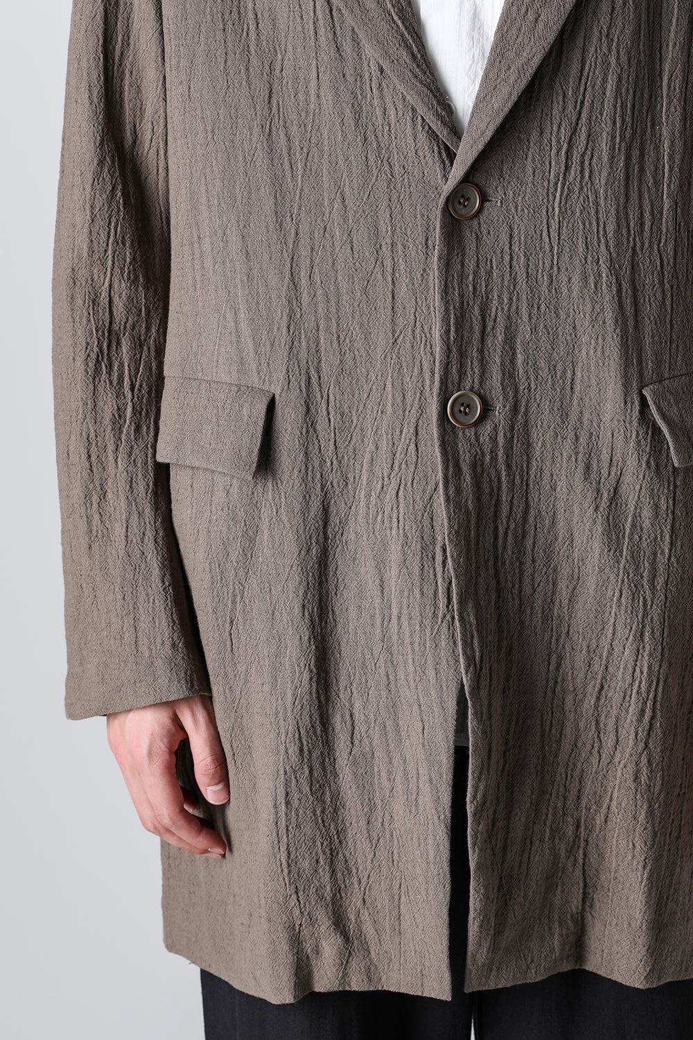 Semi Long Notched Lapel Jacket Shrinked Cotton Linen