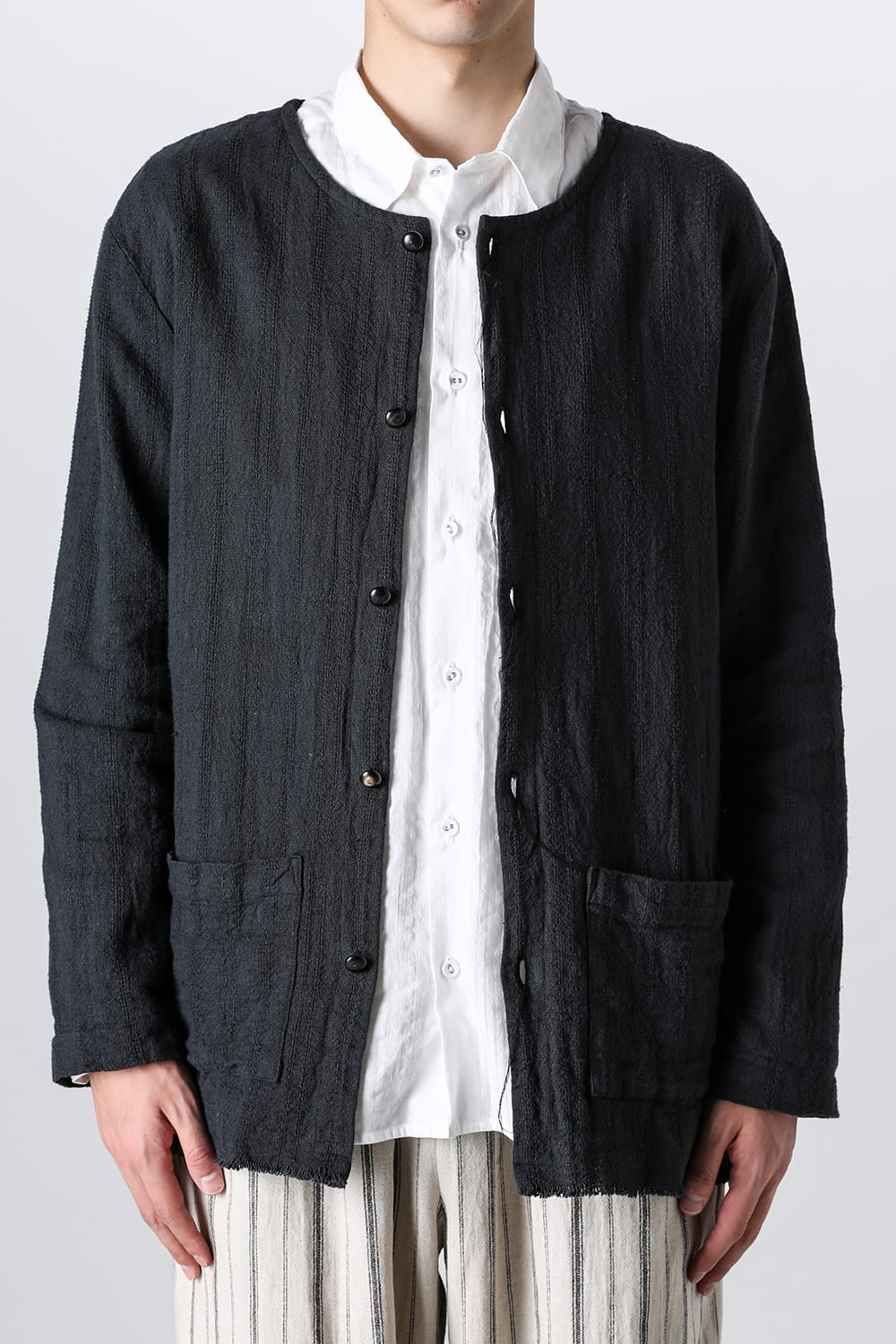 Crew Neck Jacket Stripe Linen Black