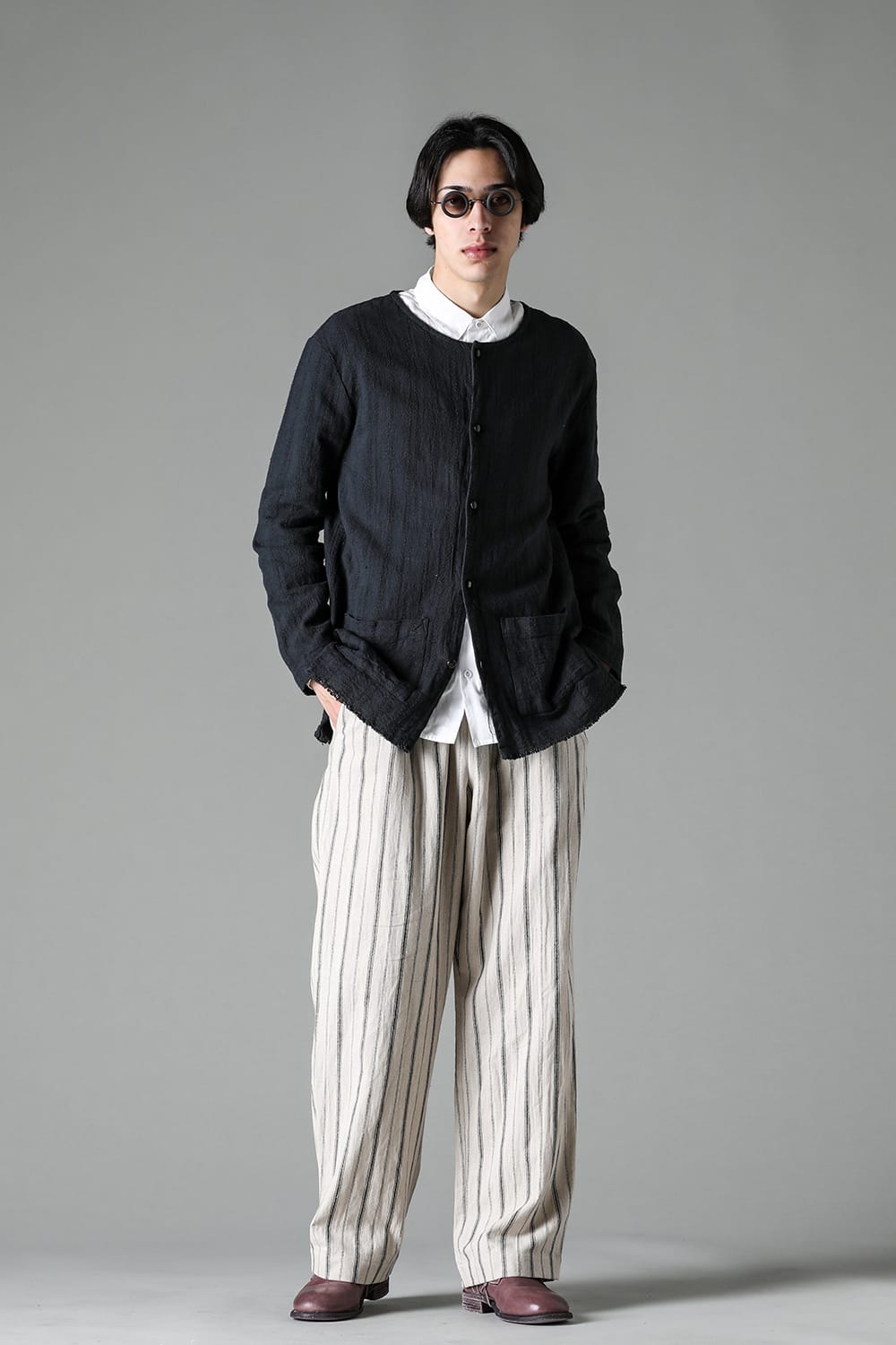 Crew Neck Jacket Stripe Linen Black