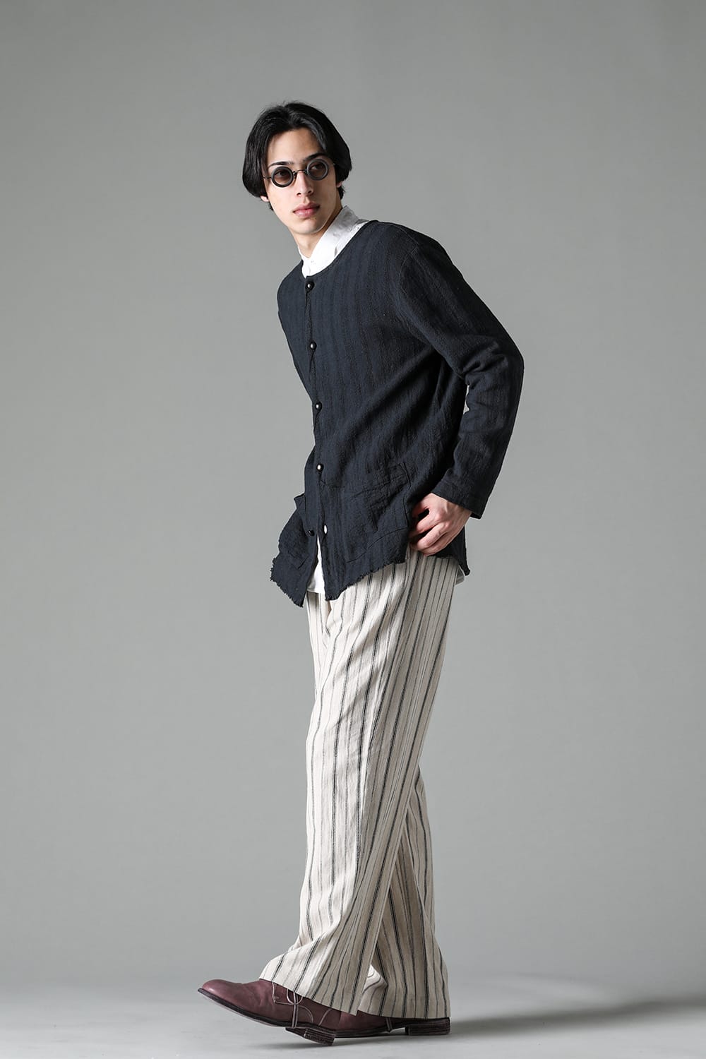 Crew Neck Jacket Stripe Linen Black