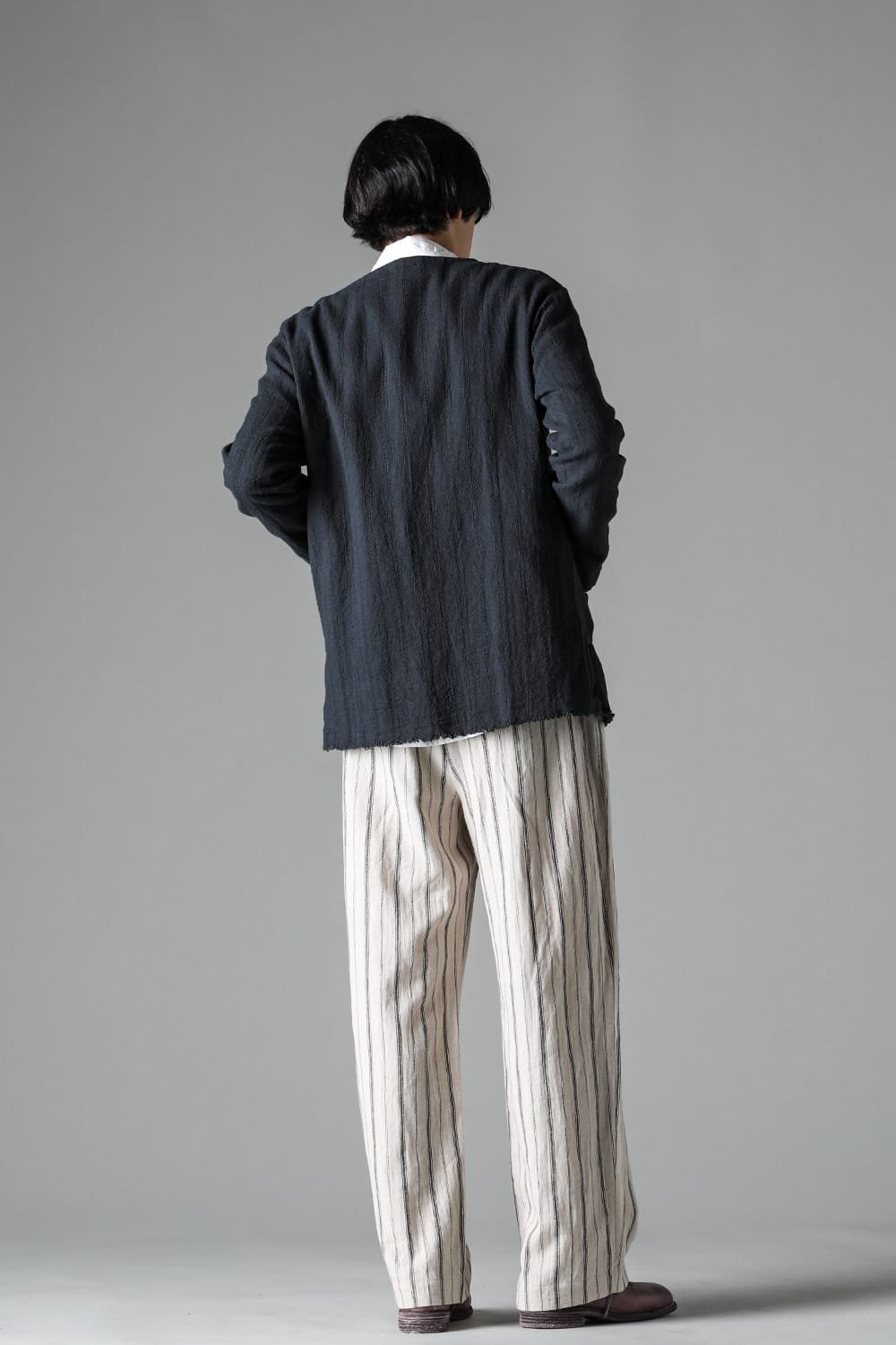 Crew Neck Jacket Stripe Linen Black