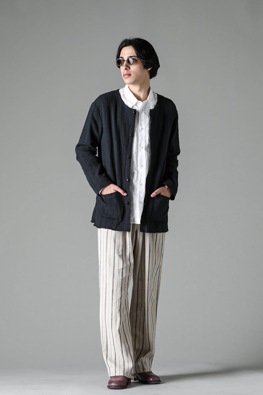 Crew Neck Jacket Stripe Linen Black