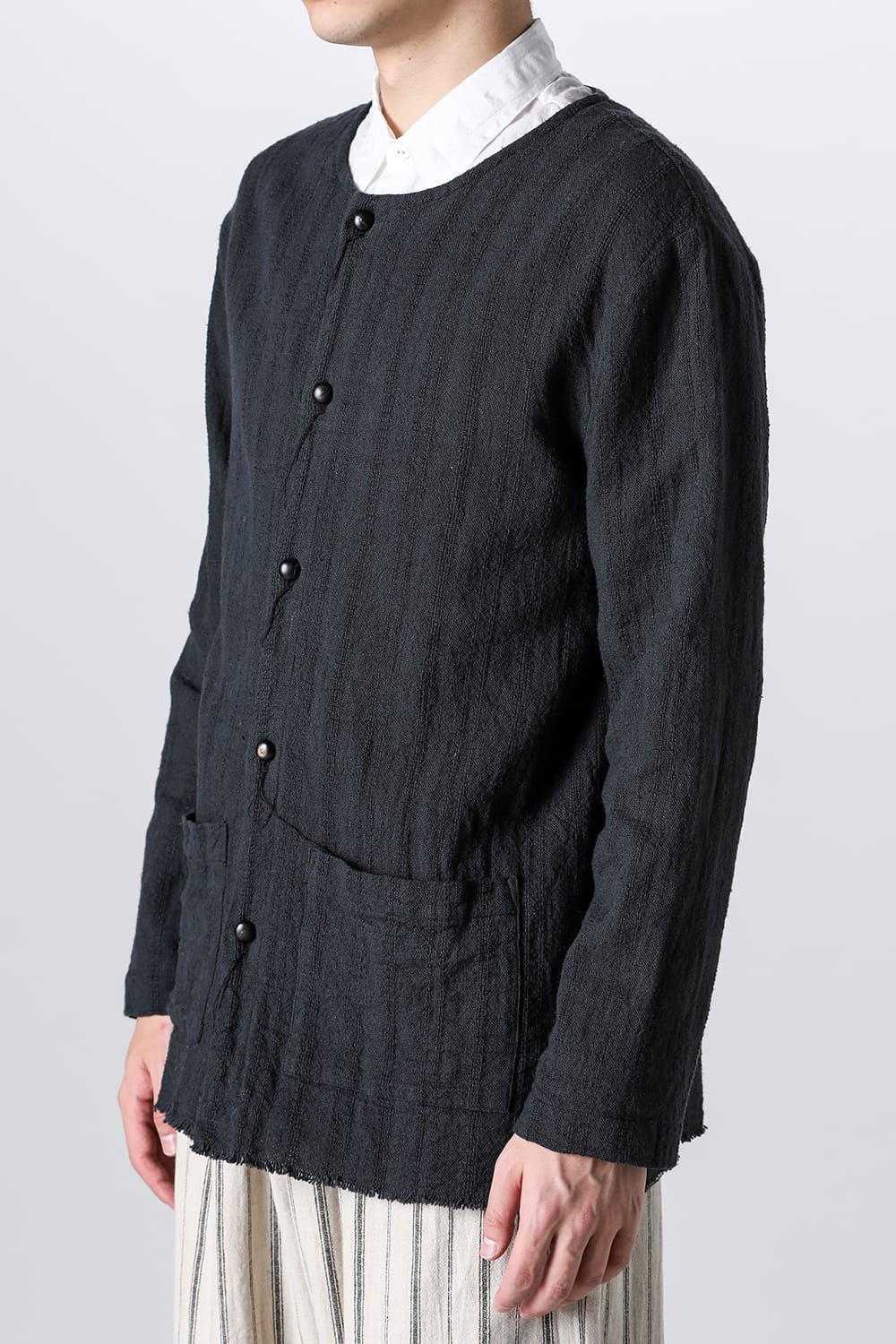 Crew Neck Jacket Stripe Linen Black