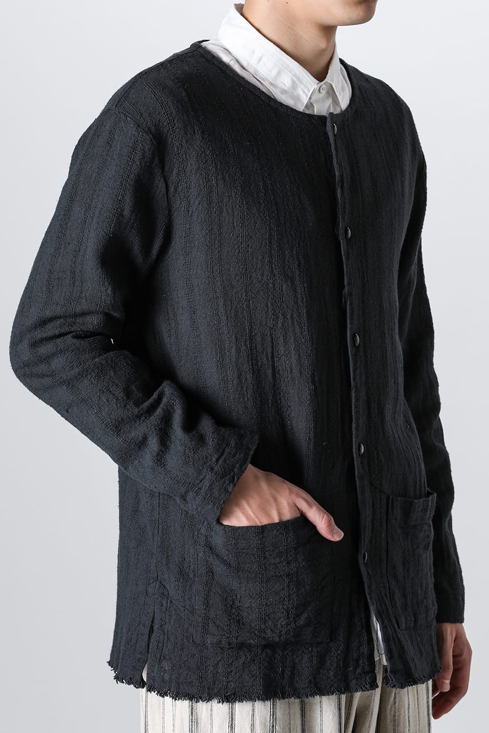 Crew Neck Jacket Stripe Linen Black