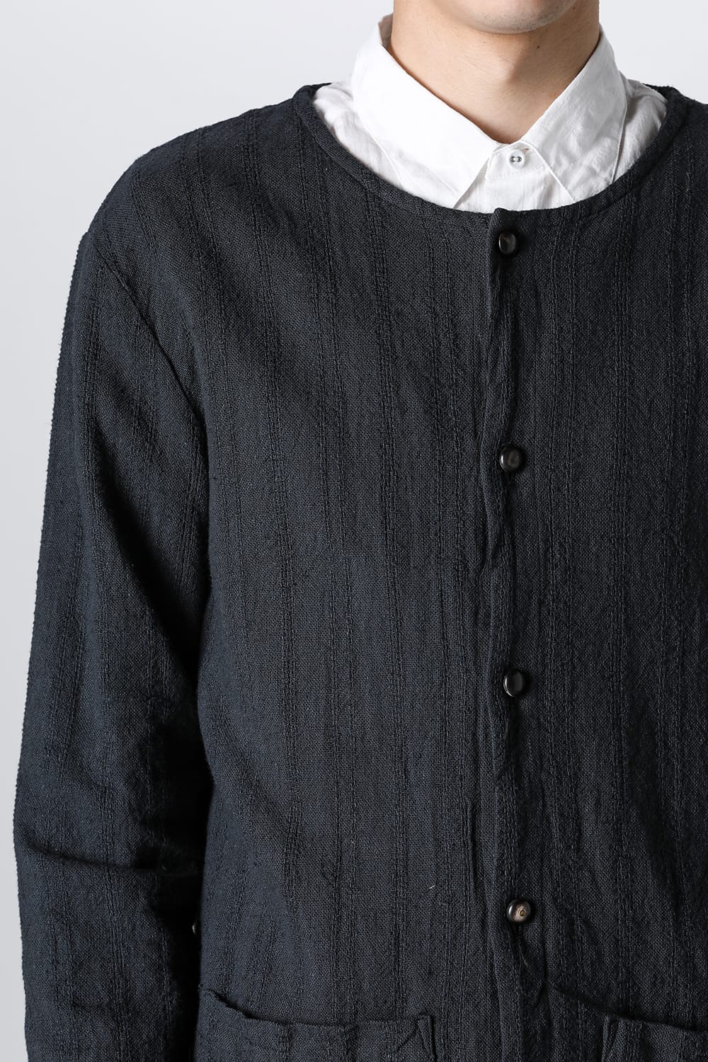 Crew Neck Jacket Stripe Linen Black