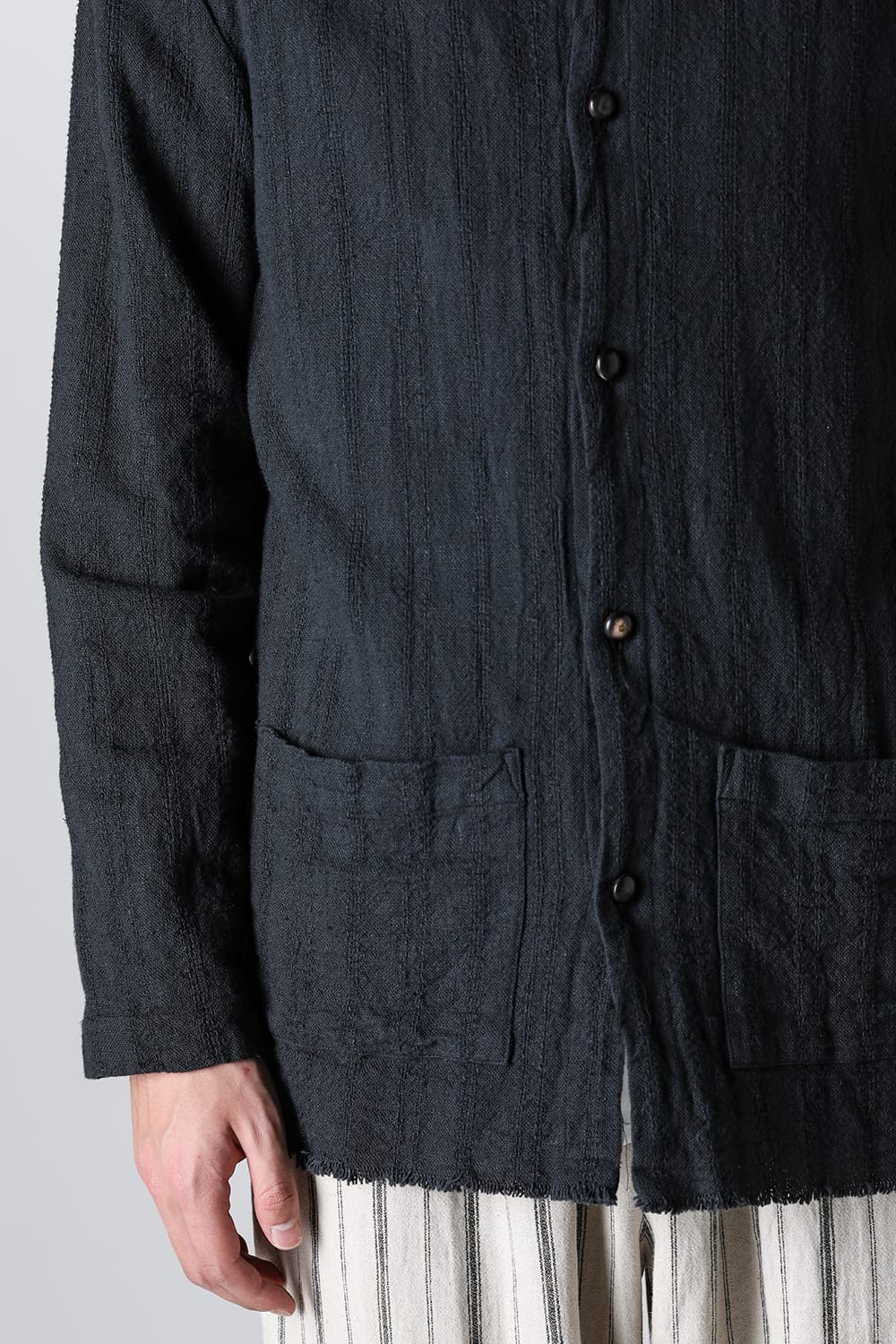 Crew Neck Jacket Stripe Linen Black