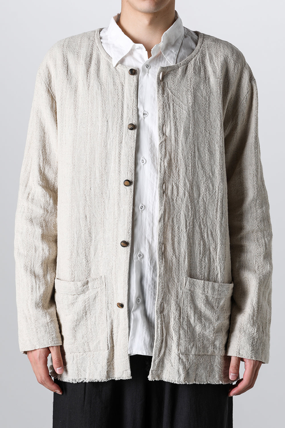 Crew Neck Jacket Stripe Linen Natural