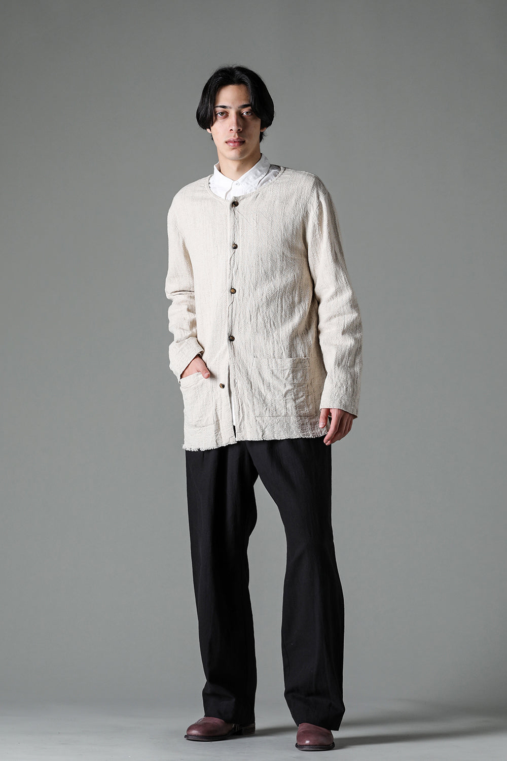 Crew Neck Jacket Stripe Linen Natural