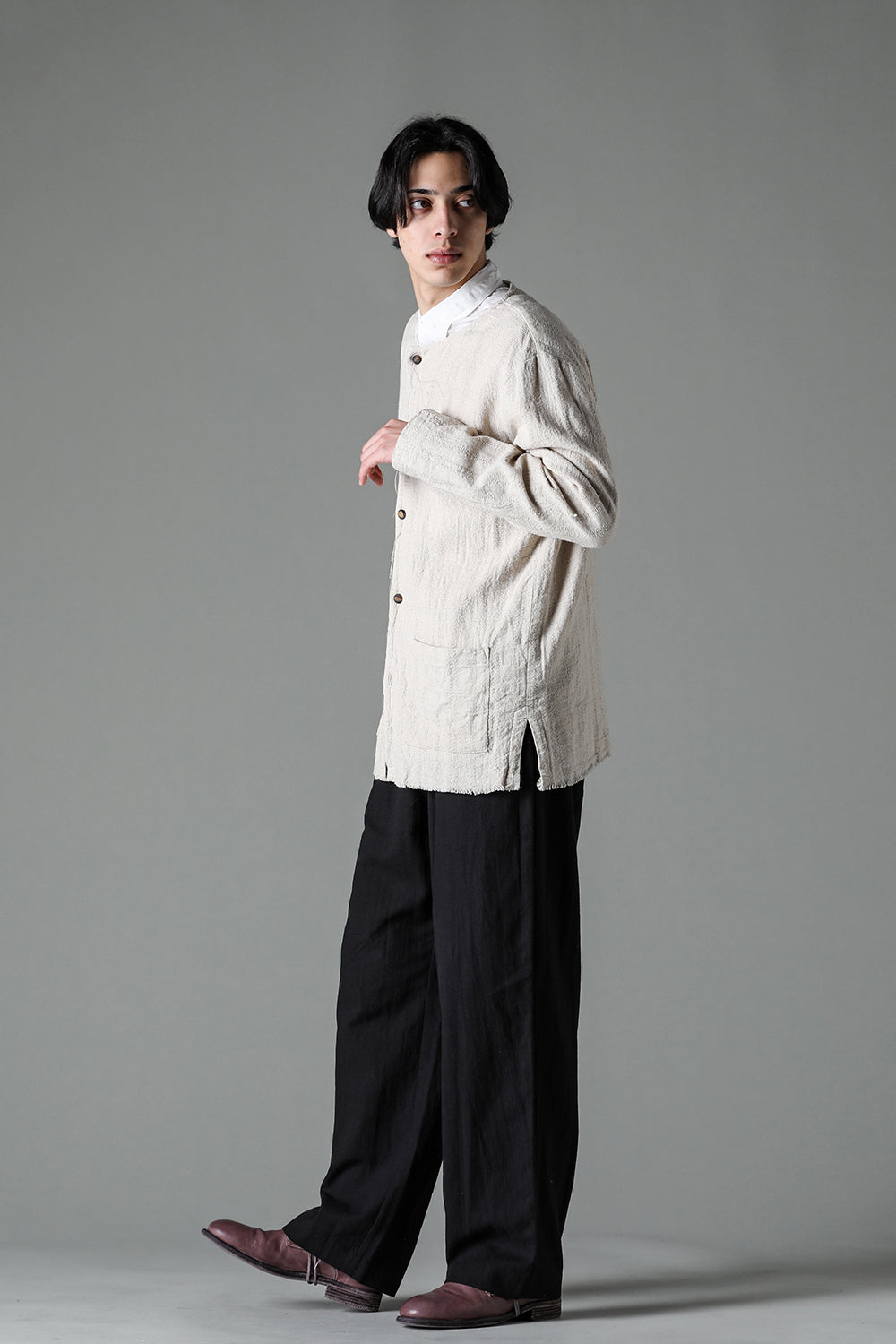 Crew Neck Jacket Stripe Linen Natural