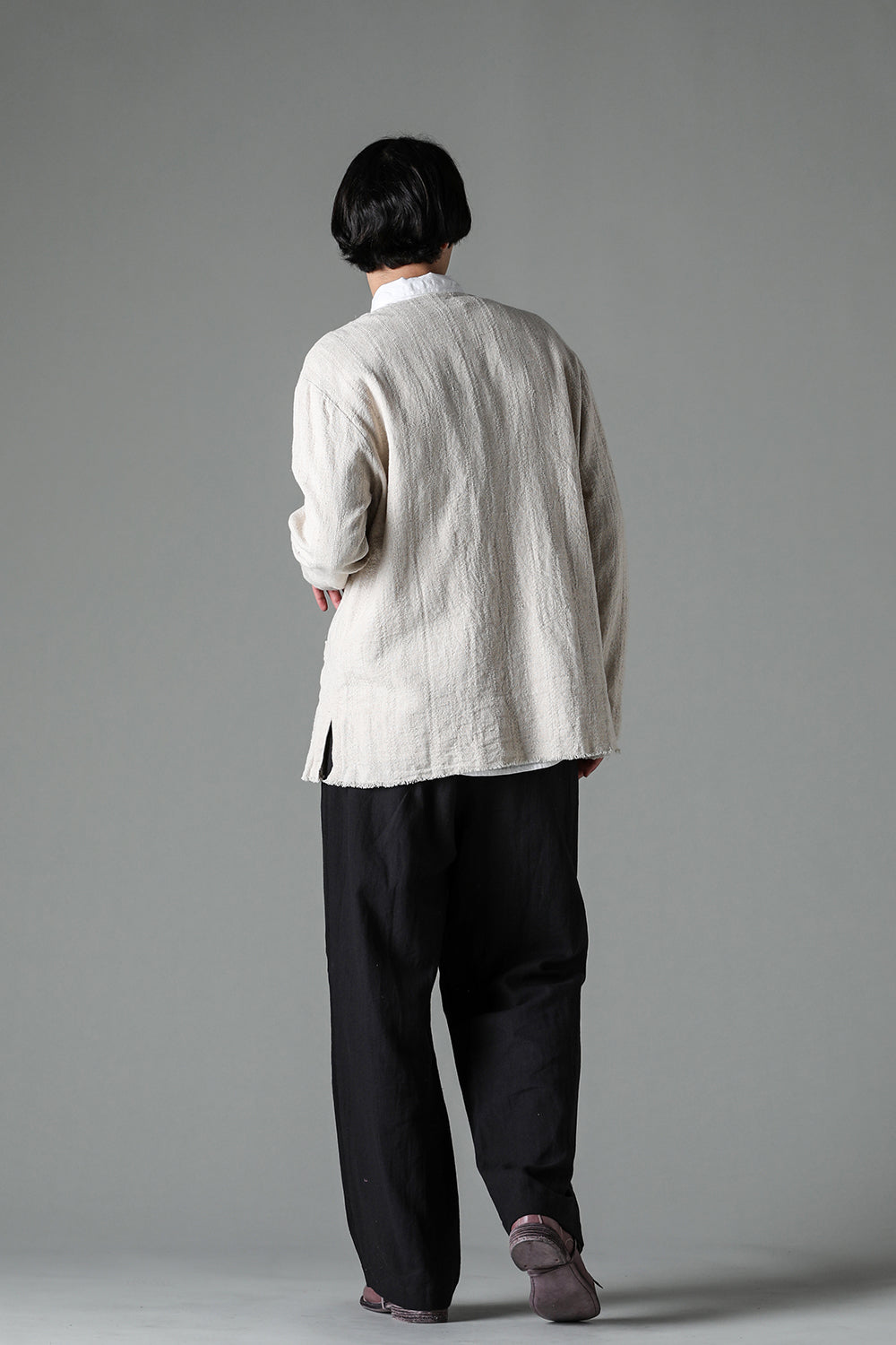 Crew Neck Jacket Stripe Linen Natural