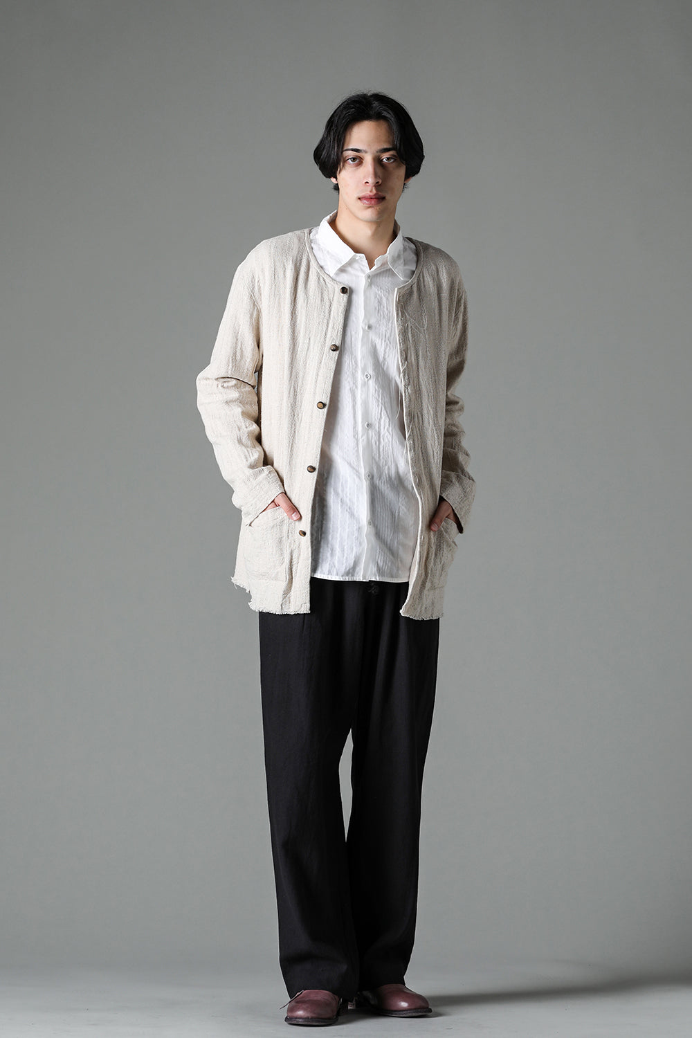 Crew Neck Jacket Stripe Linen Natural