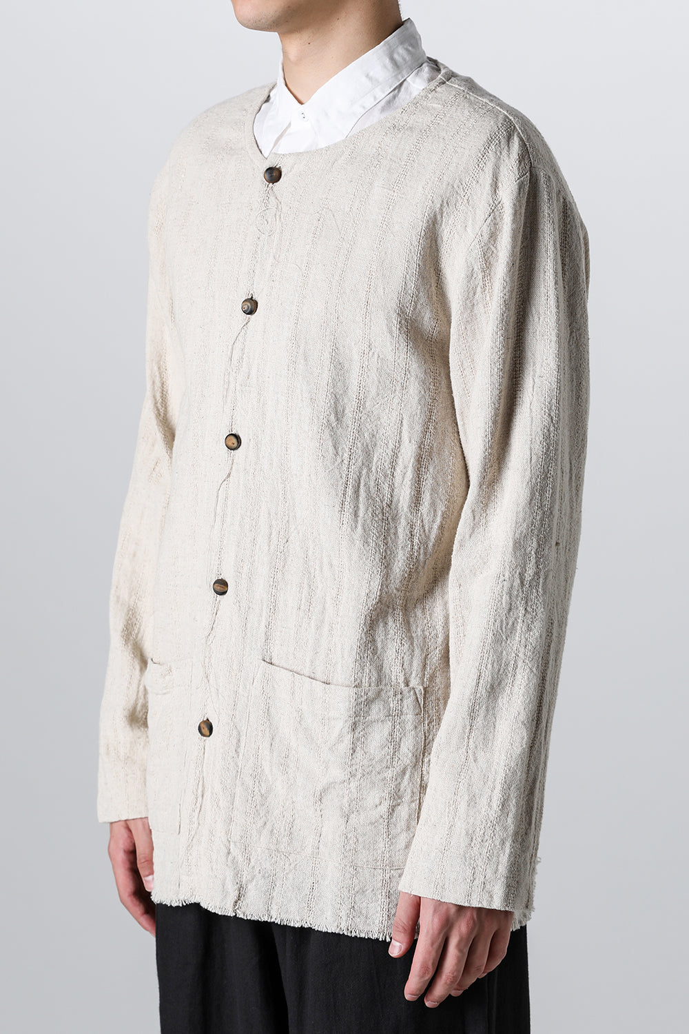 Crew Neck Jacket Stripe Linen Natural