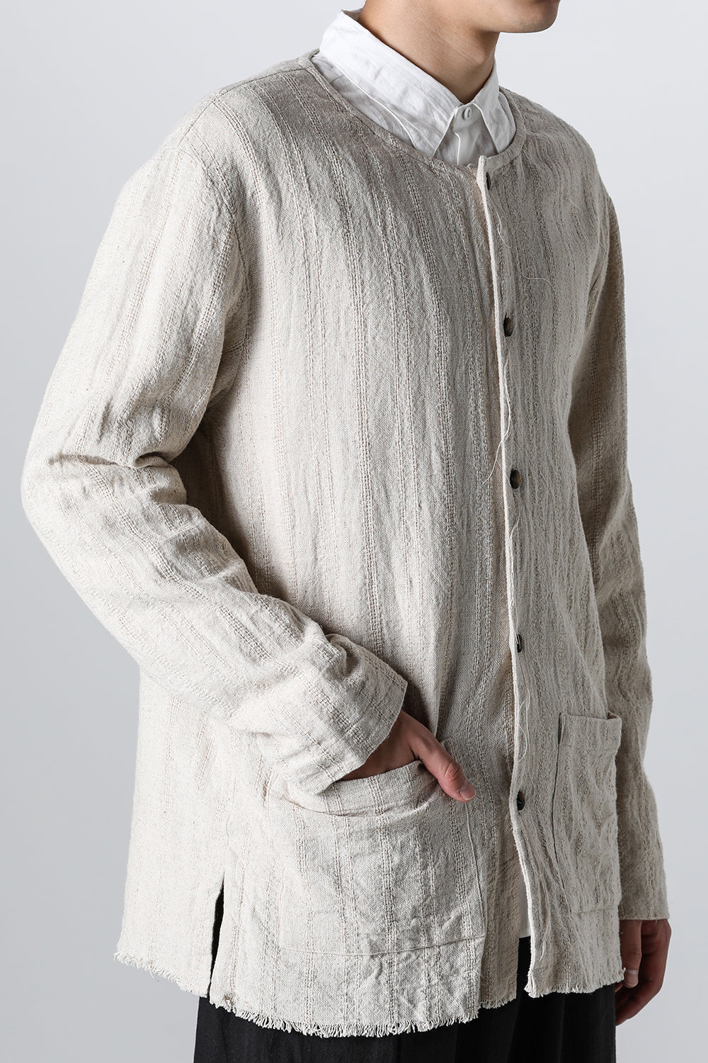 Crew Neck Jacket Stripe Linen Natural