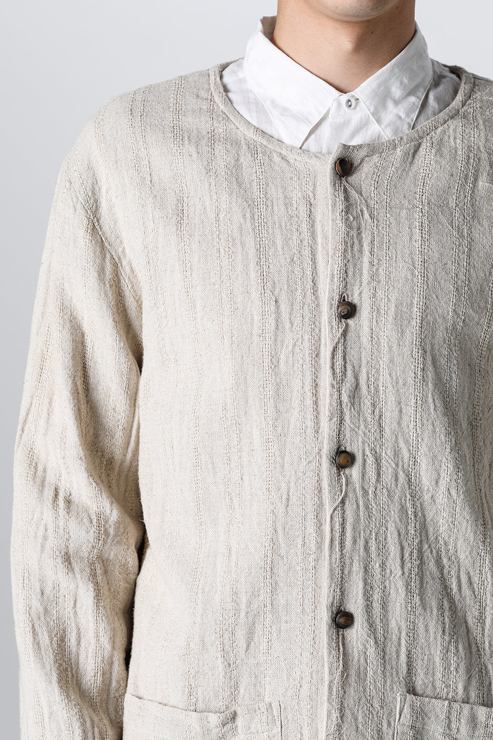 Crew Neck Jacket Stripe Linen Natural