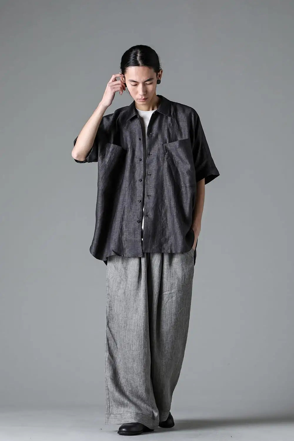 SHORT SLEEVE SHIRT	Linen Herringbone BLACK×DK GREY