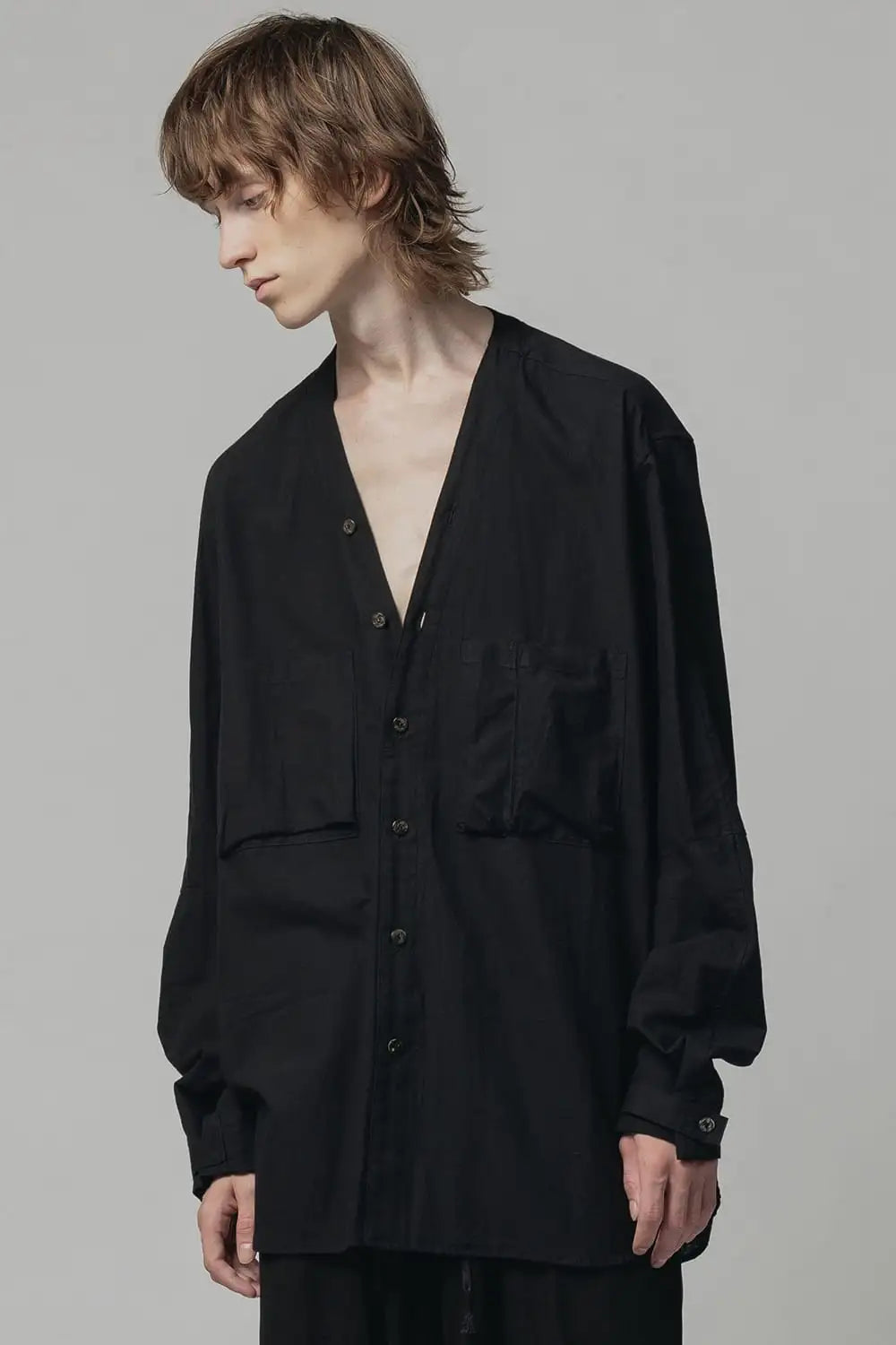 Cotton/Linen V Shirt  Black