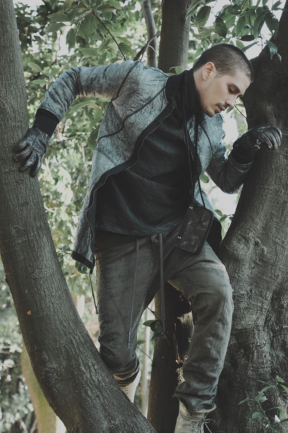 Dual layered Cotton Wool jersey High neck Long sleeve T-shirt Charcoal