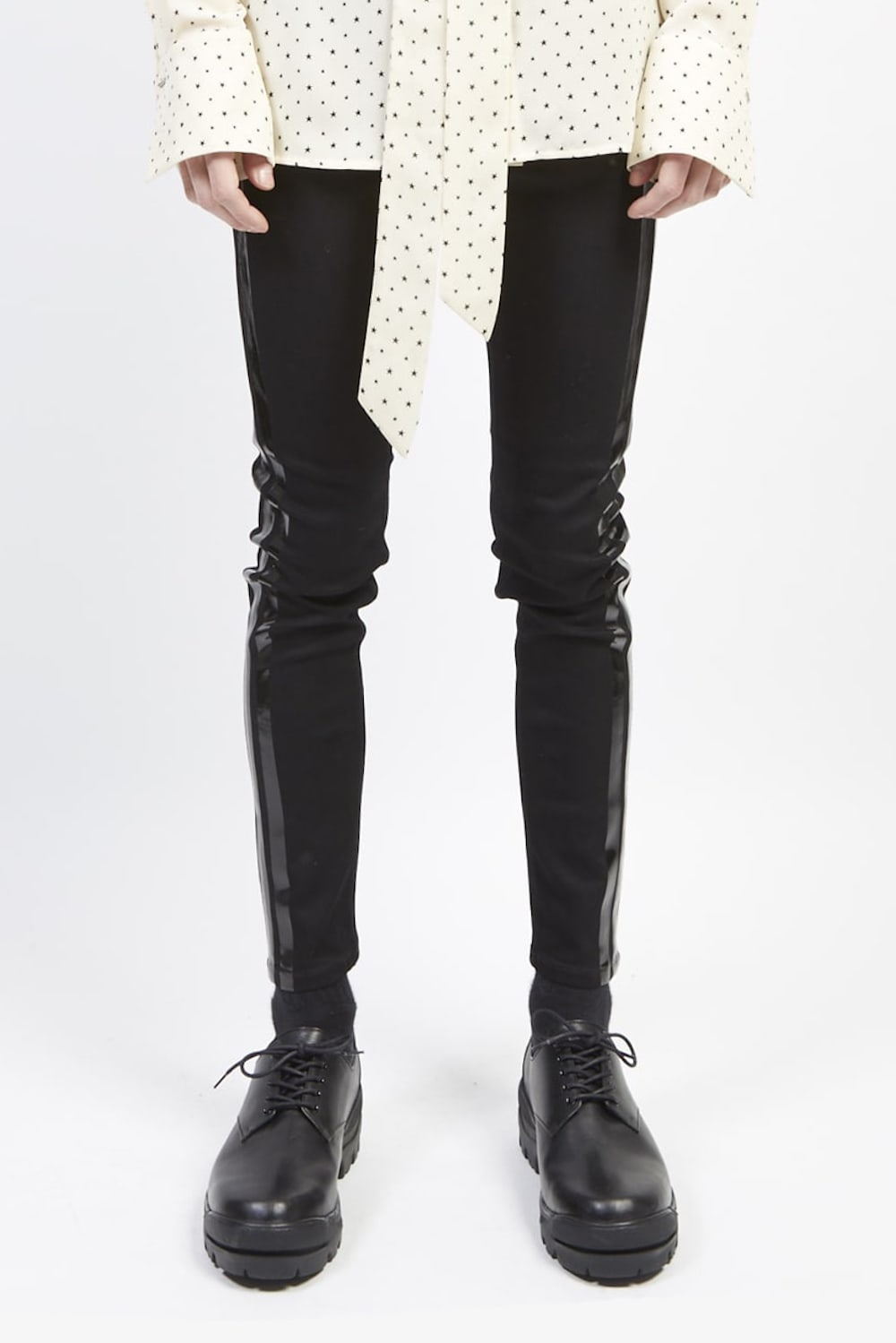 EX fit denim side line leggings pants Black × Black