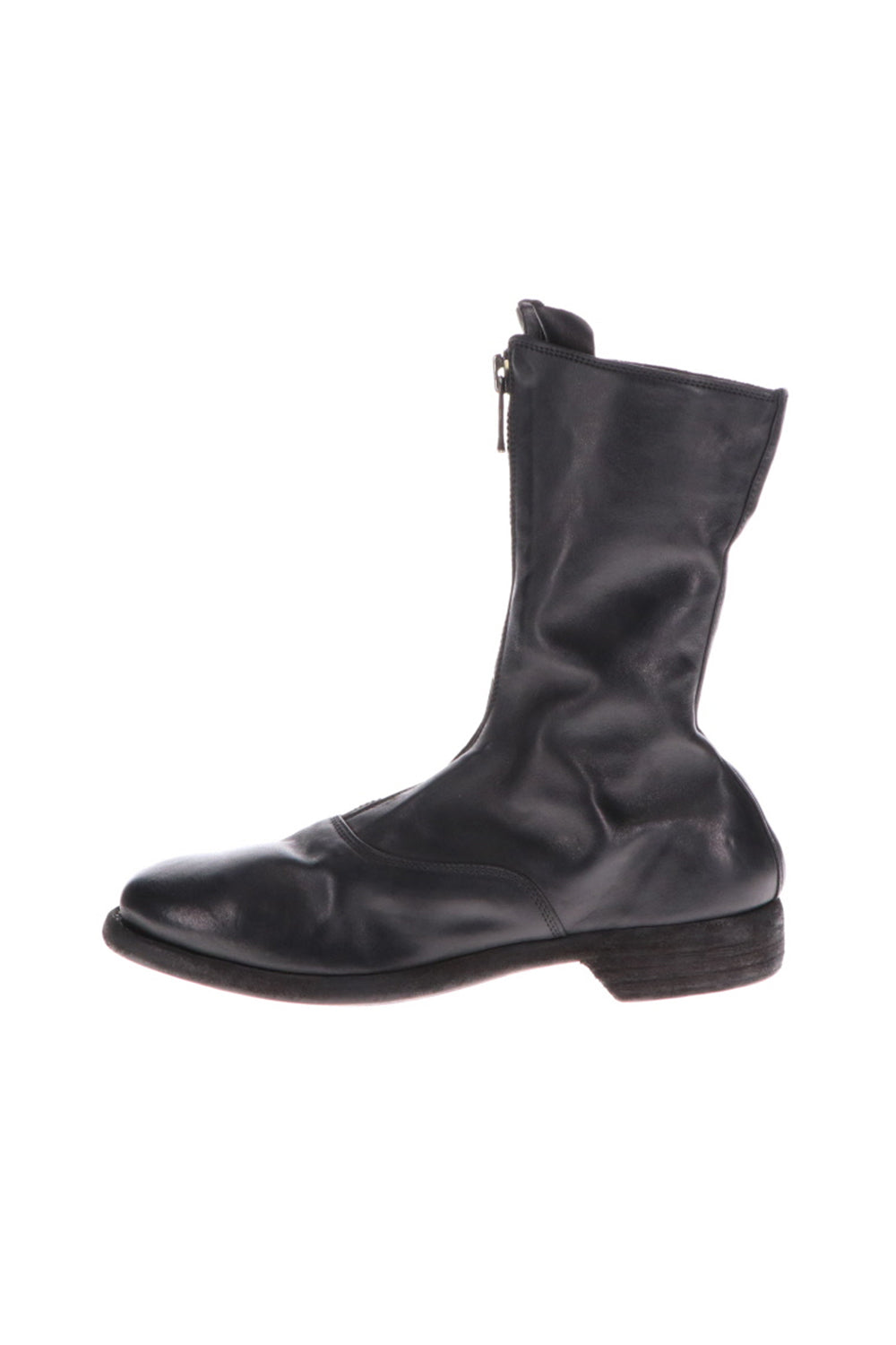 Middle Front Zip Boots Single Sole - Soft Horse Full Grain Leather - Black