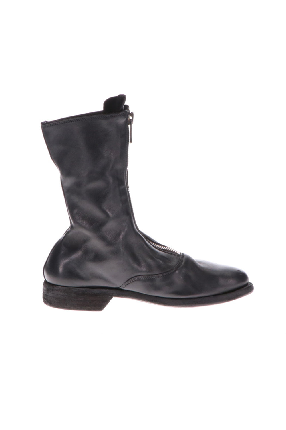 Middle Front Zip Boots Single Sole - Soft Horse Full Grain Leather - Black