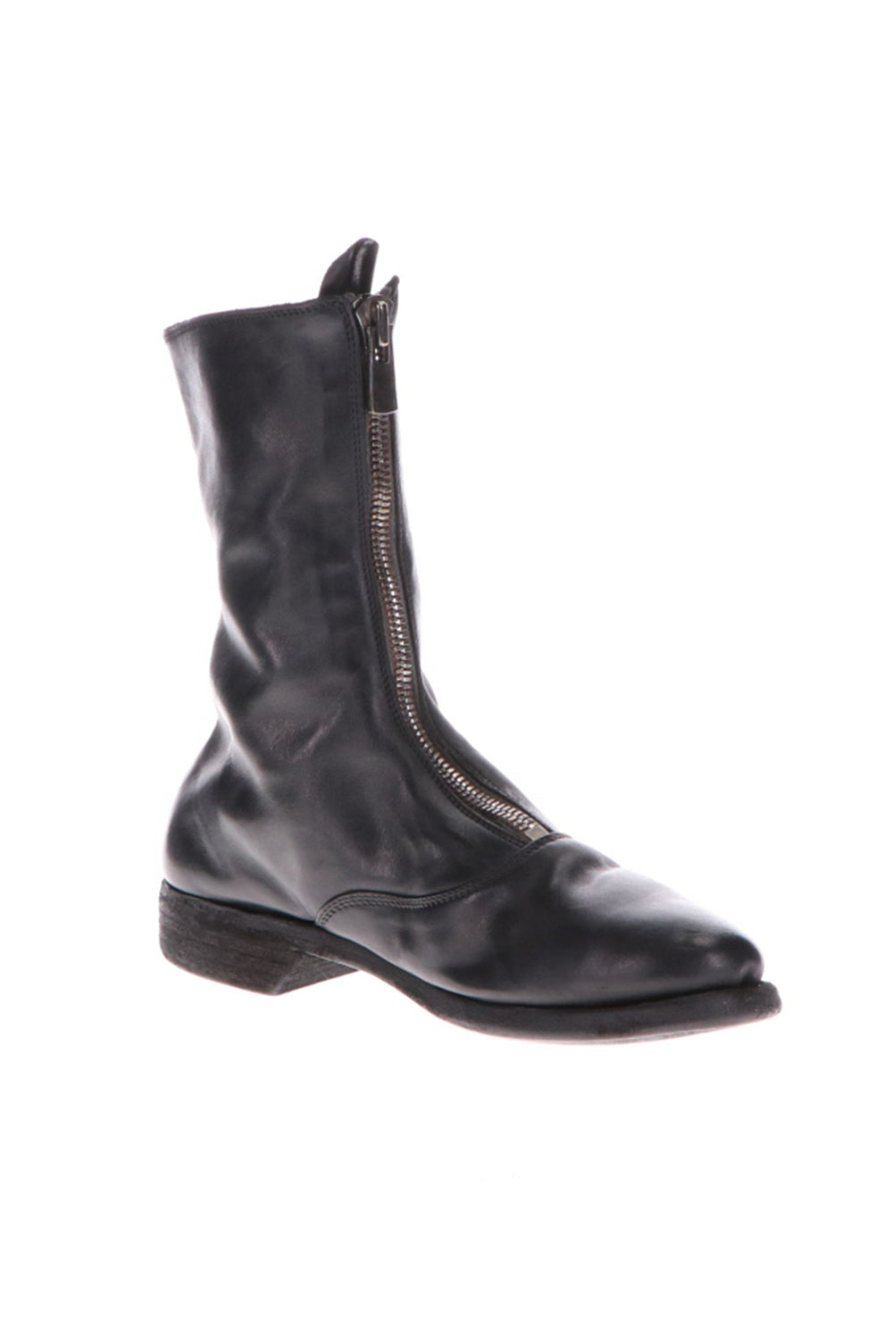 Middle Front Zip Boots Single Sole - Soft Horse Full Grain Leather - Black