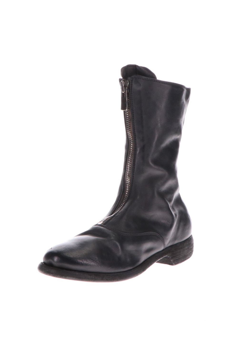 Middle Front Zip Boots Single Sole - Soft Horse Full Grain Leather - Black