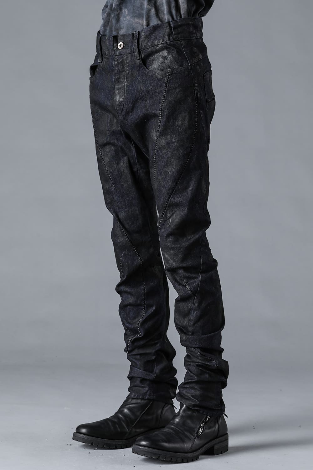 Coated Stretch Denim Overlock Twisted Curve Slim Pants