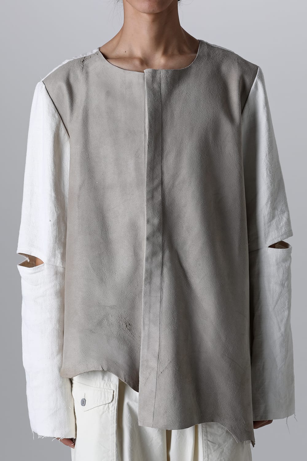 Collarless Shirt with Leather & Antique Linen