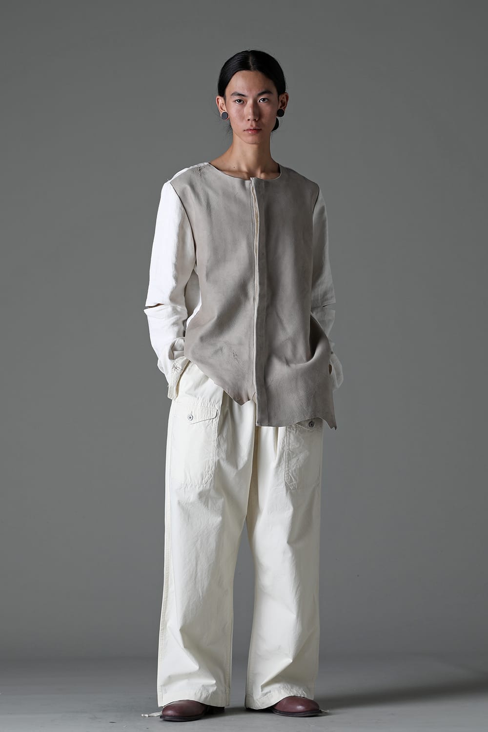 Collarless Shirt with Leather & Antique Linen