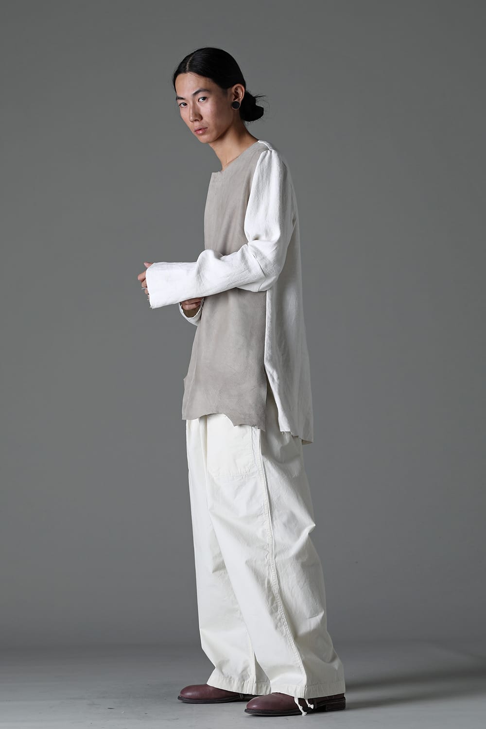 Collarless Shirt with Leather & Antique Linen