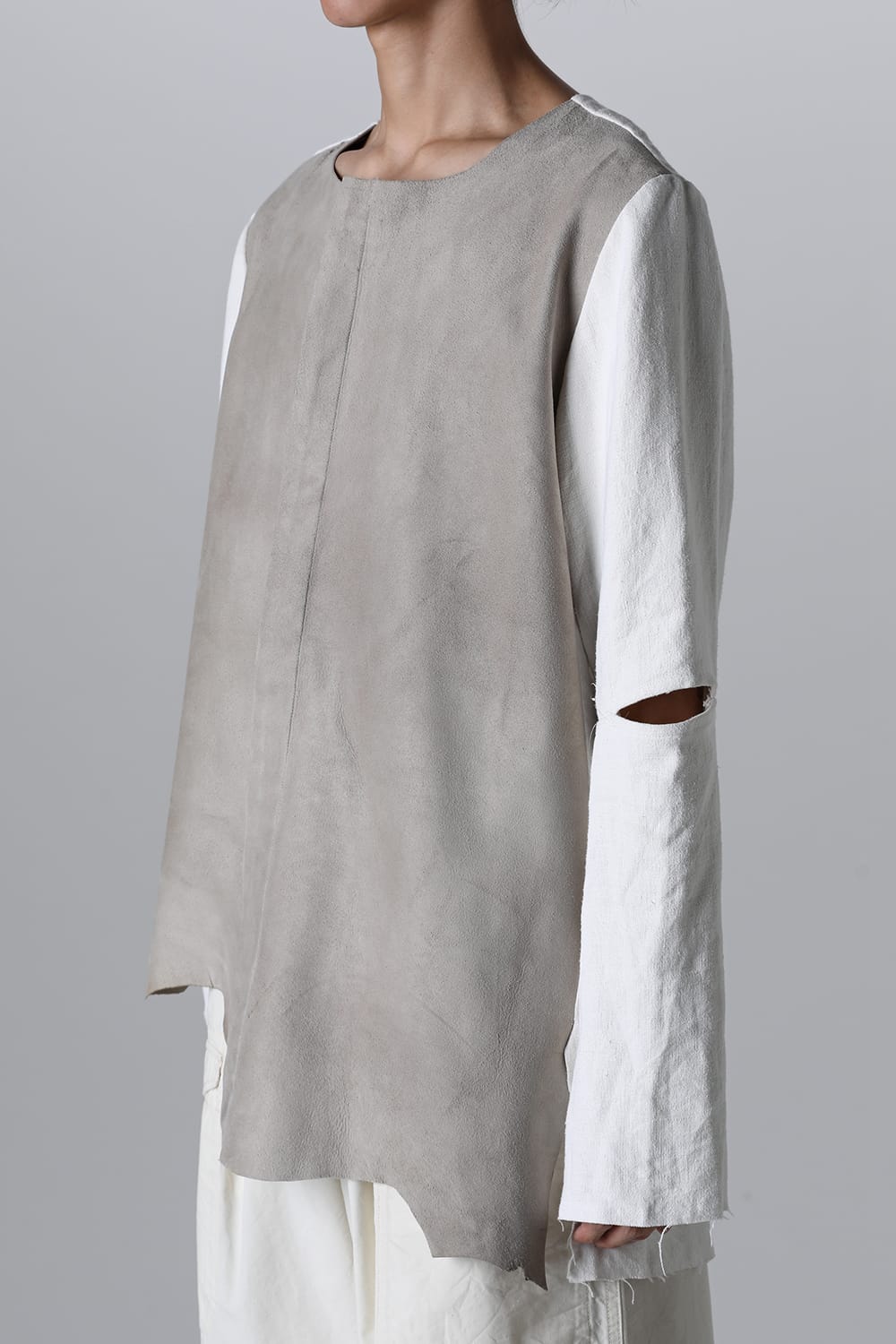 Collarless Shirt with Leather & Antique Linen