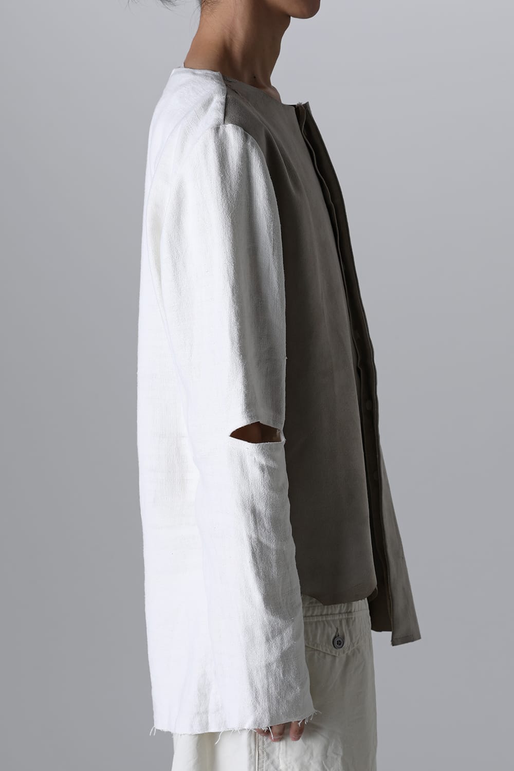 Collarless Shirt with Leather & Antique Linen