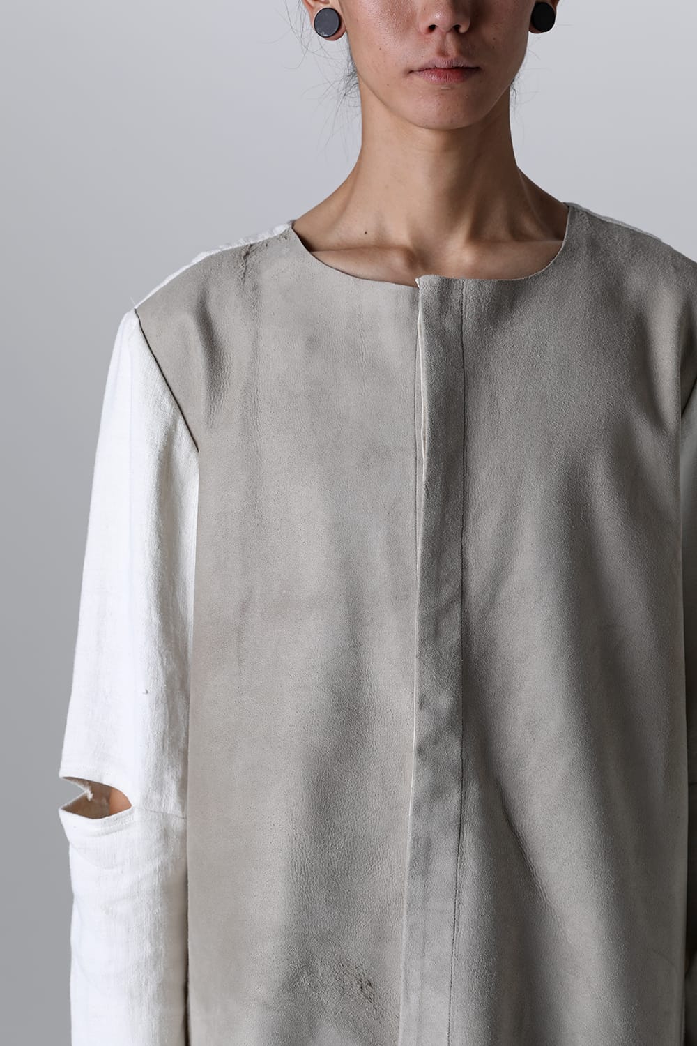 Collarless Shirt with Leather & Antique Linen