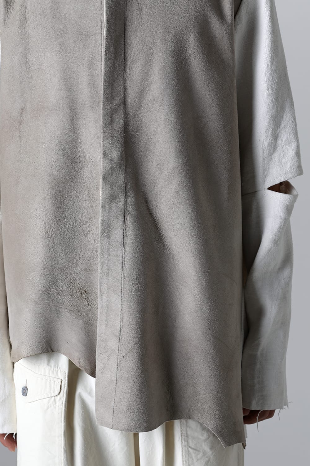 Collarless Shirt with Leather & Antique Linen