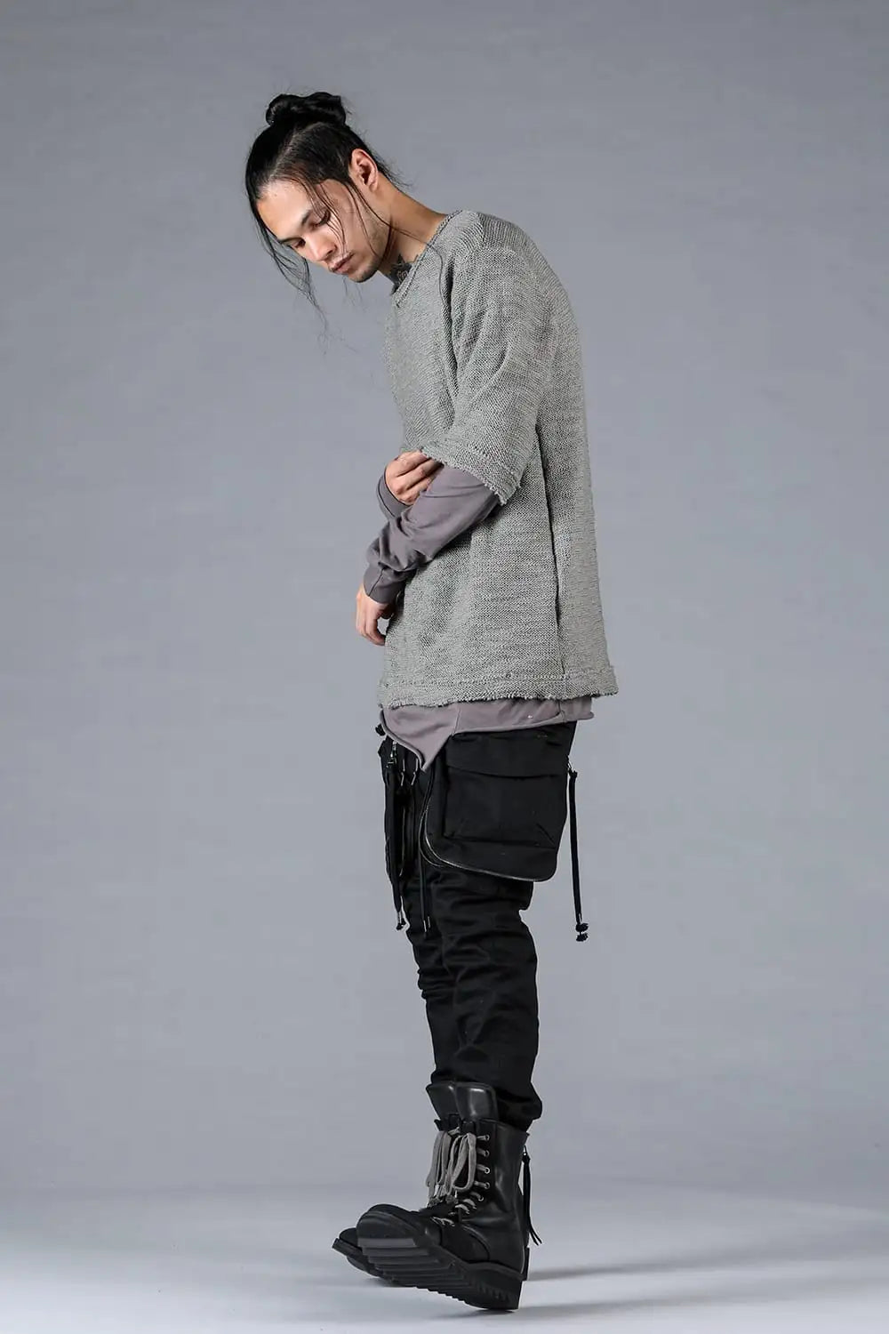 ローゲージニット×コットンジャージレイヤードTシャツ グレー